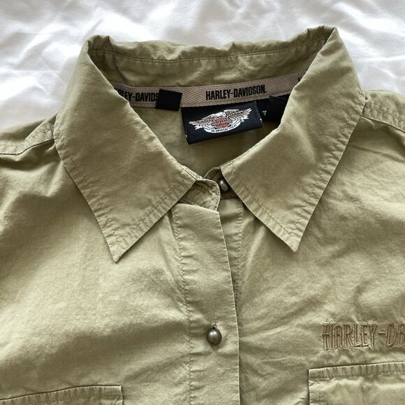 Y2K Harley Davidson Army Green Utility Shirt 100% Cotton Top Womens Size XL - Picture 3 of 10